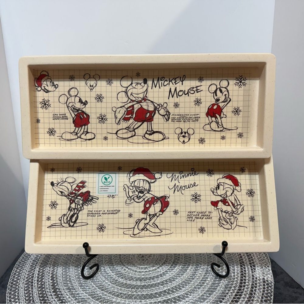 Disney Minnie and Mickey Mouse Bamboo Sketchbook Christmas Trays Set of 2 NWT